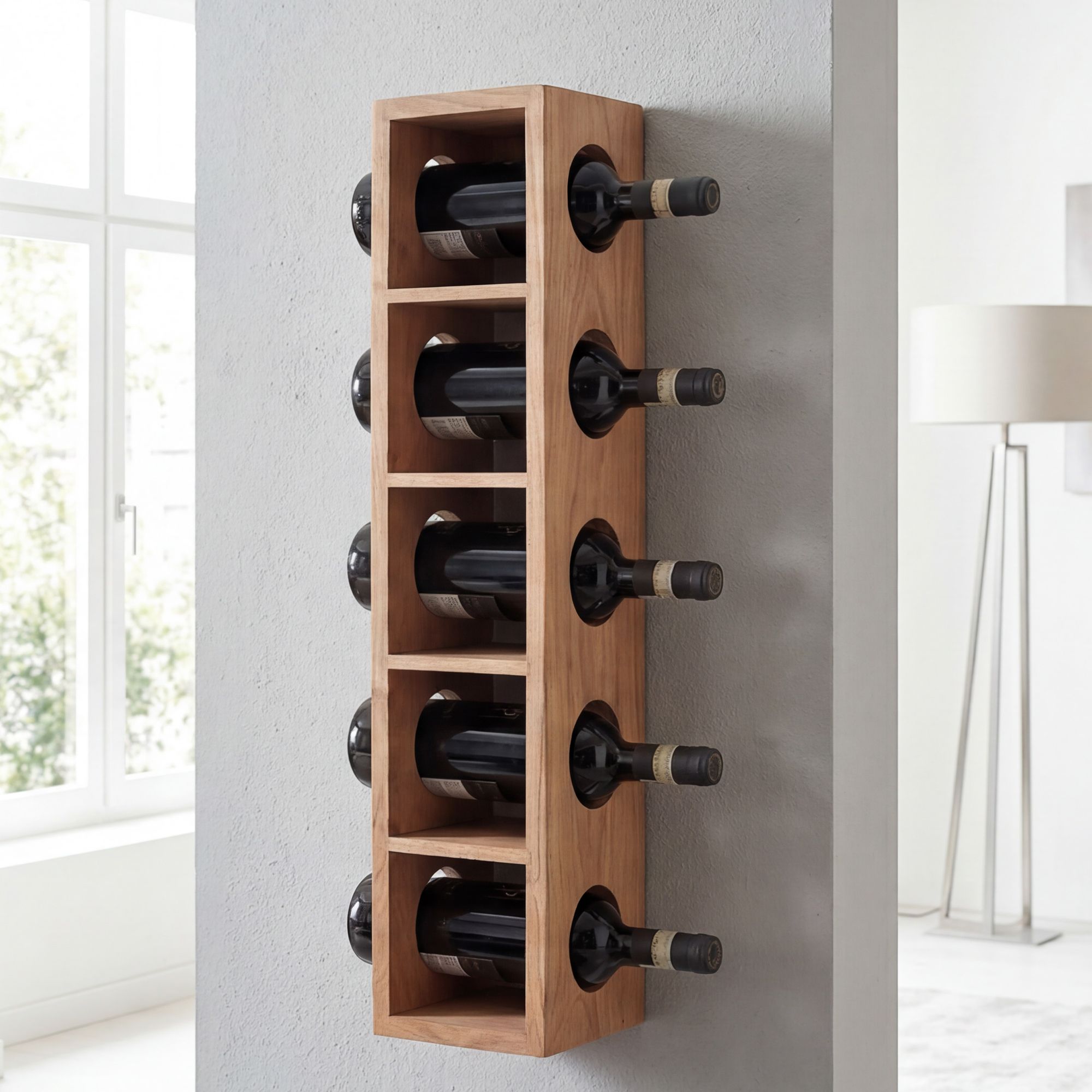 FineBuy Weinregal Massiv-Holz Regal Wandmontage für 5 Flaschen 70 cm Holzregal – Ansicht 1