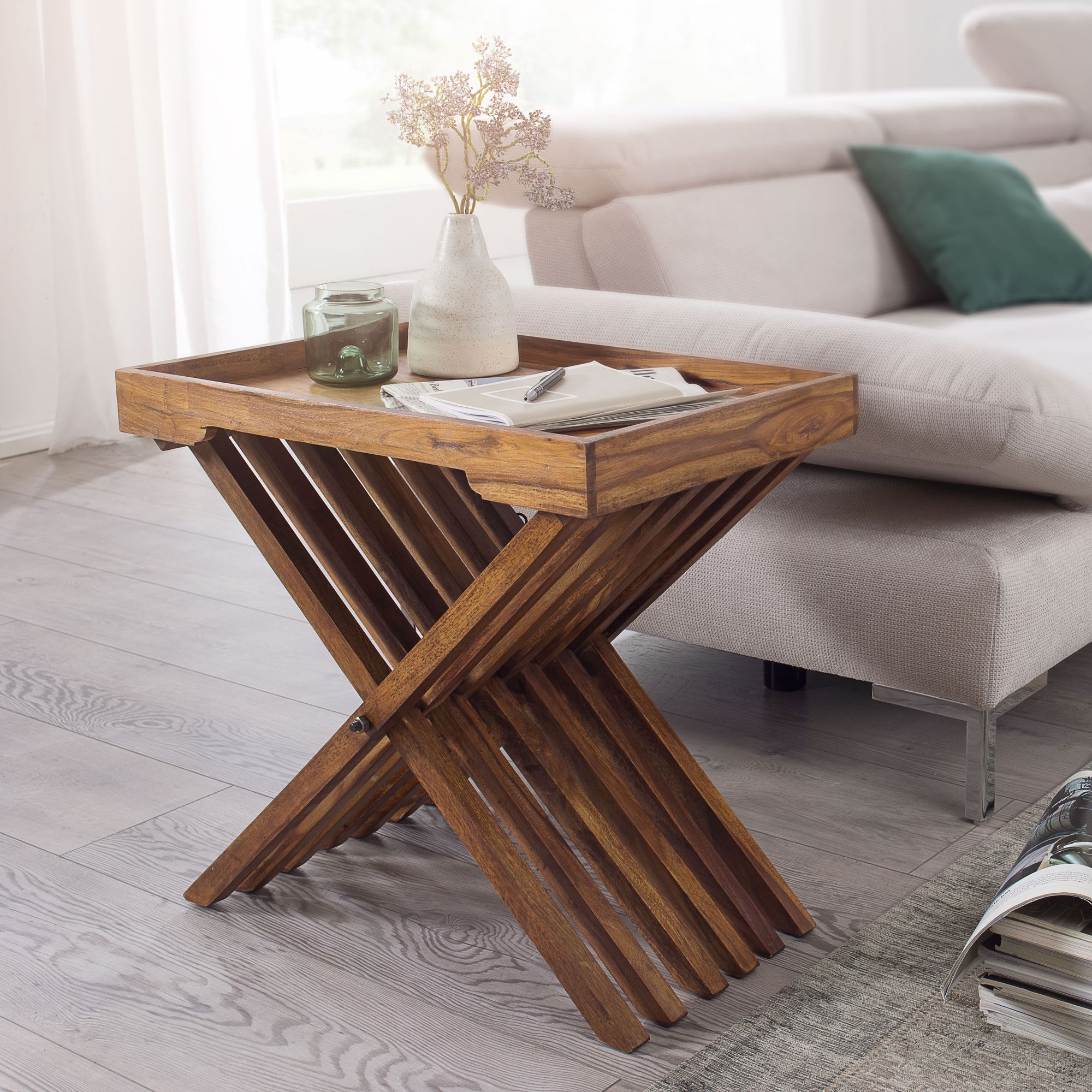 FineBuy Beistelltisch klappbar Massiv-Holz Couchtisch Klapptisch Serviertablett – Ansicht 1
