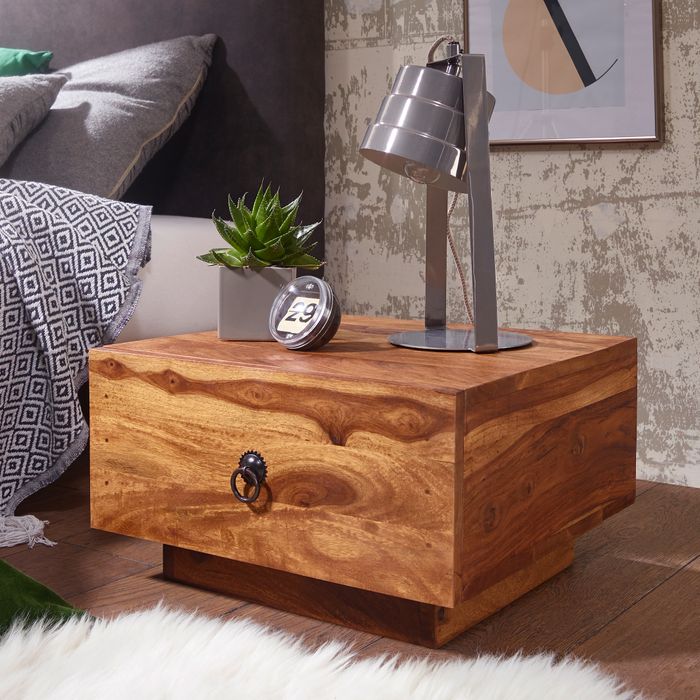 FineBuy Nachttisch Sheesham Massivholz niedrig – Handgefertigtes Nachtkästchen mit Schublade, Flaches Design Futon Nachtkonsole – 40x40x25 cm