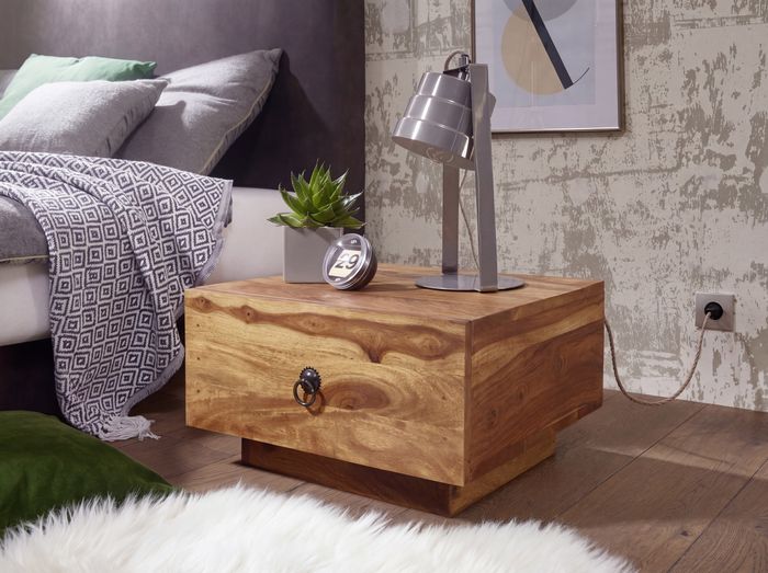 FineBuy Nachttisch Sheesham Massivholz niedrig – Handgefertigtes Nachtkästchen mit Schublade, Flaches Design Futon Nachtkonsole – 40x40x25 cm