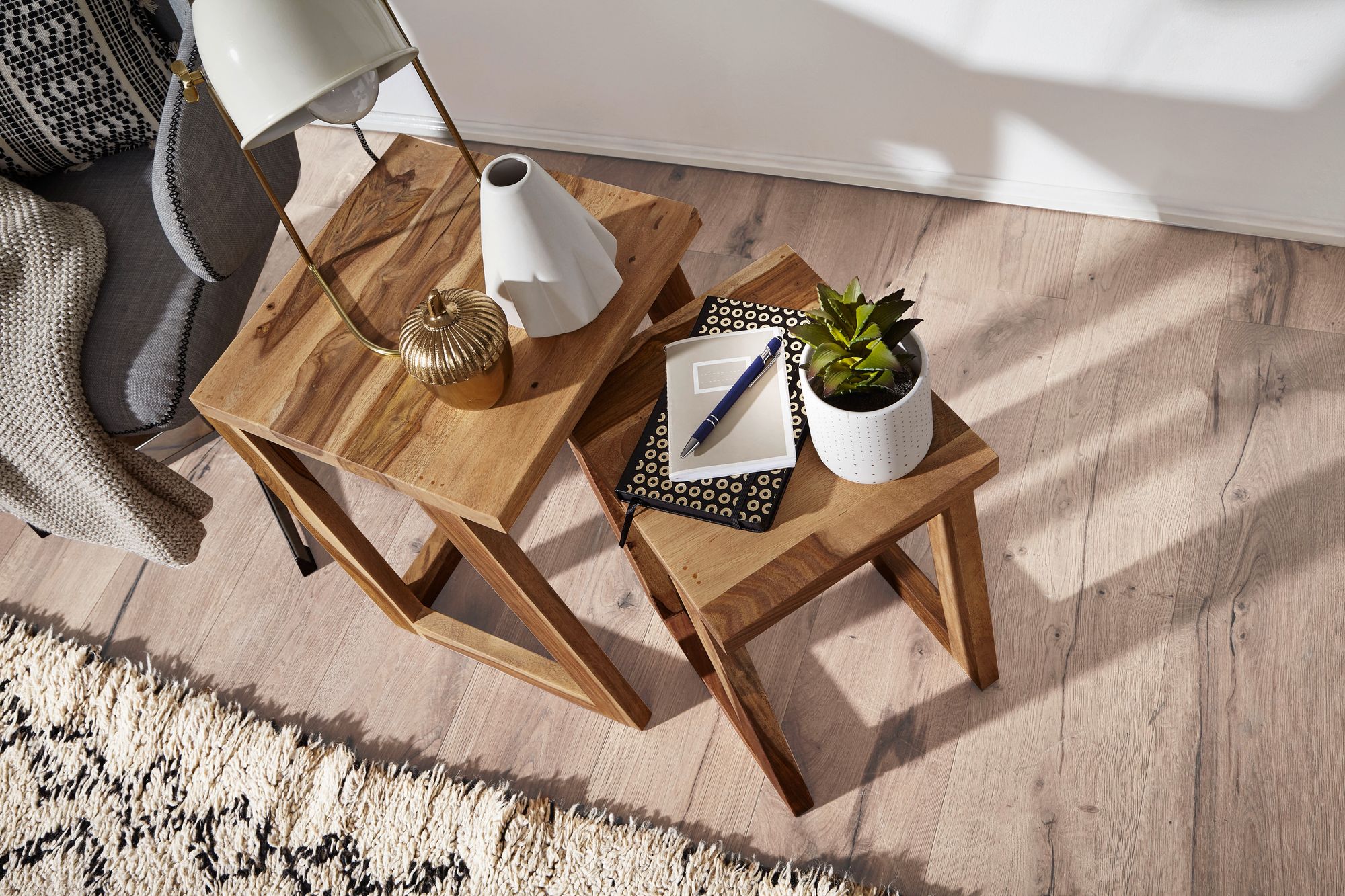 FineBuy 2er Set Beistelltisch Massivholz Wohnzimmer-Tisch Nachttisch Satztisch – Ansicht 4