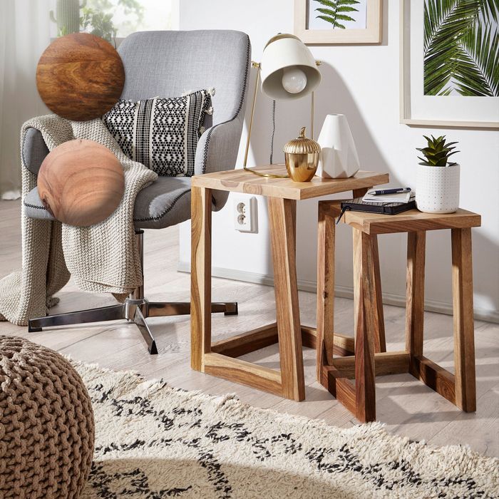 FineBuy 2er Set Beistelltisch Massivholz Design Wohnzimmer-Tisch eckig Nachttisch Satztisch Landhaus-Stil Naturprodukt 5842