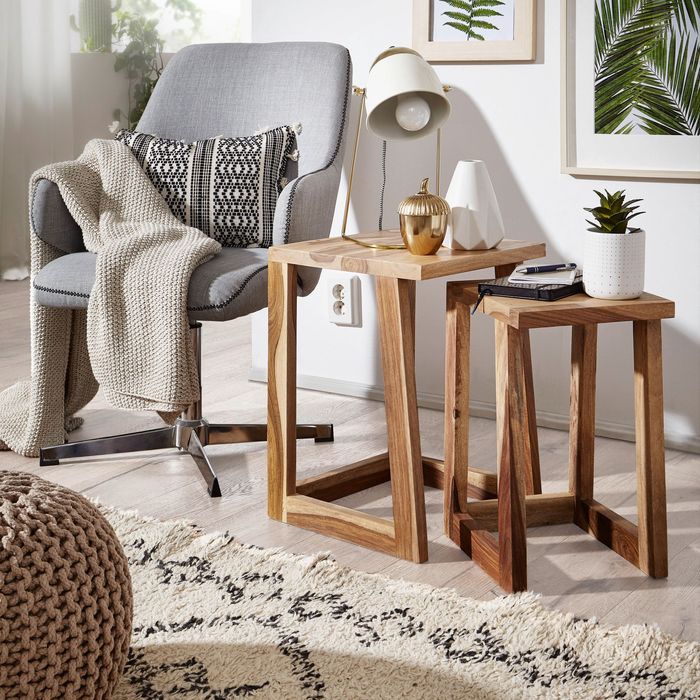 FineBuy 2er Set Beistelltisch Massivholz Wohnzimmer-Tisch Nachttisch Satztisch