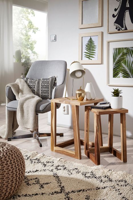 FineBuy 2er Set Beistelltisch Massivholz Design Wohnzimmer-Tisch eckig Nachttisch Satztisch Landhaus-Stil Naturprodukt 5842