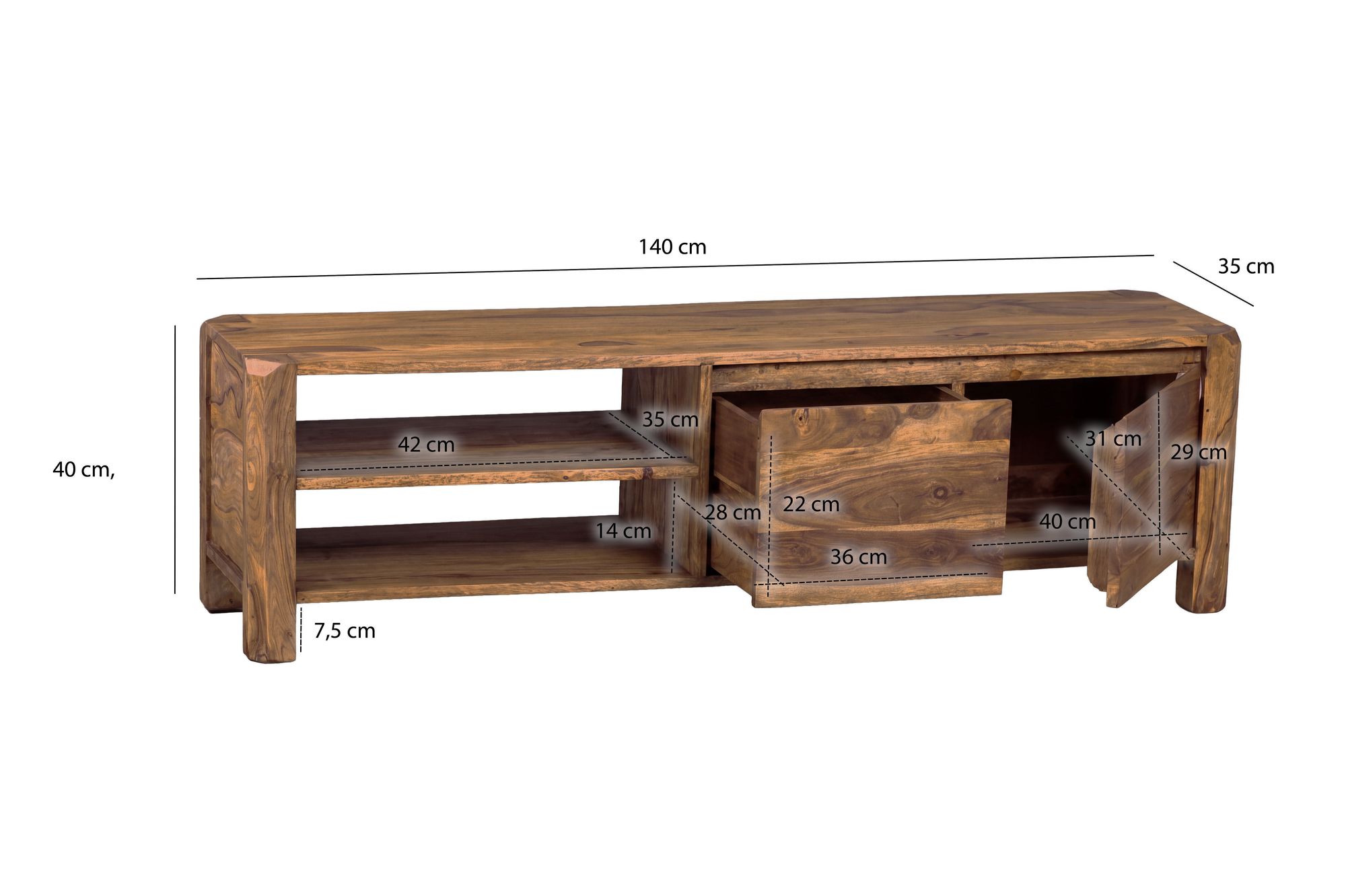 FineBuy Lowboard Massivholz Kommode 140 cm TV-Board Landhaus-Stil 40 cm TV-Möbel – Ansicht 3