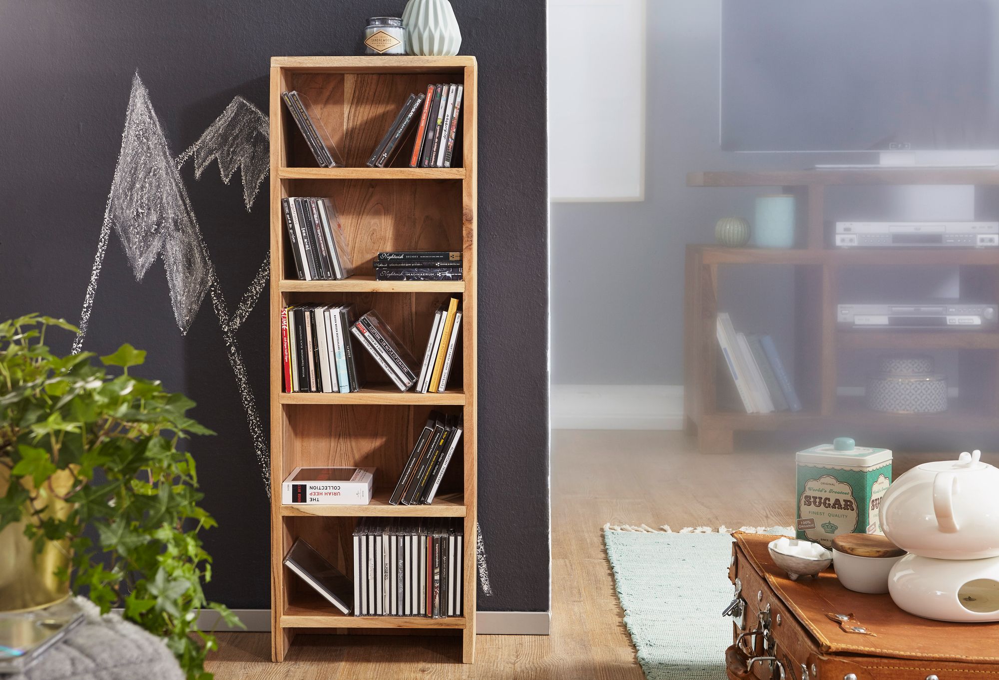 FineBuy CD Regal Massivholz Standregal 90 cm CD-Aufbewahrung Landhaus 5 Fächer – Ansicht 4