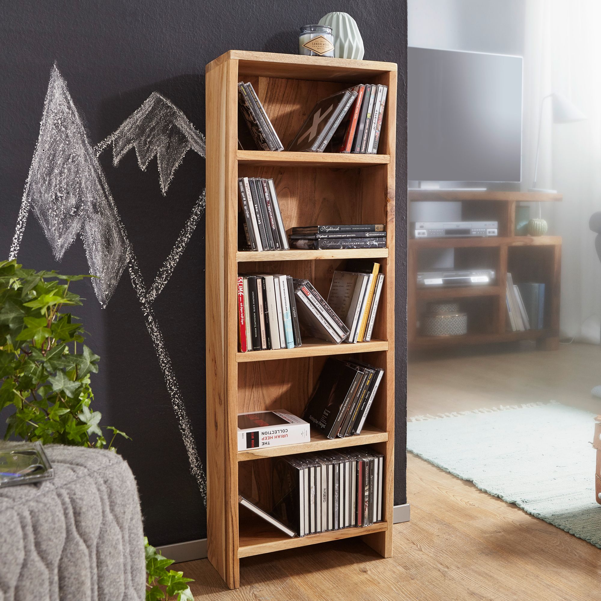 FineBuy CD Regal Massivholz Standregal 90 cm CD-Aufbewahrung Landhaus 5 Fächer – Ansicht 1