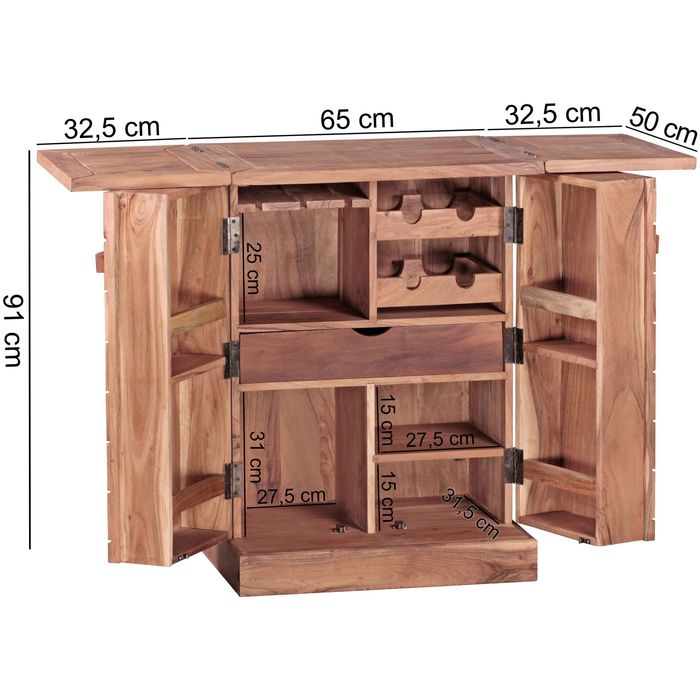 FineBuy Hausbar Massivholz Weinbar Weinschrank Kleiner Barschrank Alkoholschrank – Maßzeichnung