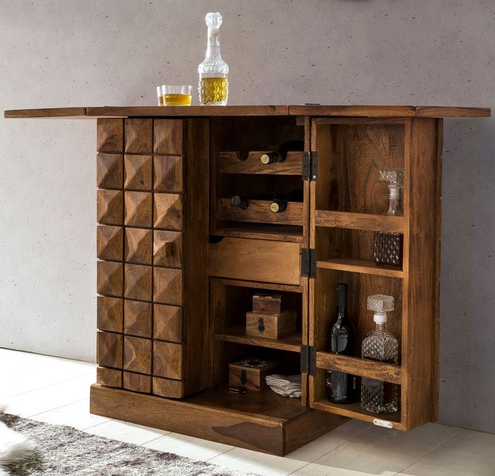 FineBuy Hausbar LUCCA Massivholz 65x91x50 cm Weinbar ausklappbar, Kleine Bar modern, Barschrank mit Türen, Spirituosenschrank mit Aufbewahrung für Flaschen und Gläser 6069