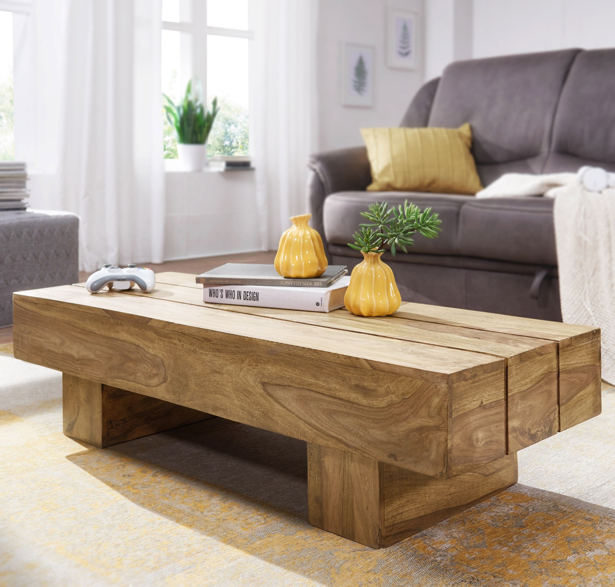 FineBuy Couchtisch rechteckig Massivholz 120 cm Block Design Wohnzimmertisch – Ansicht 1