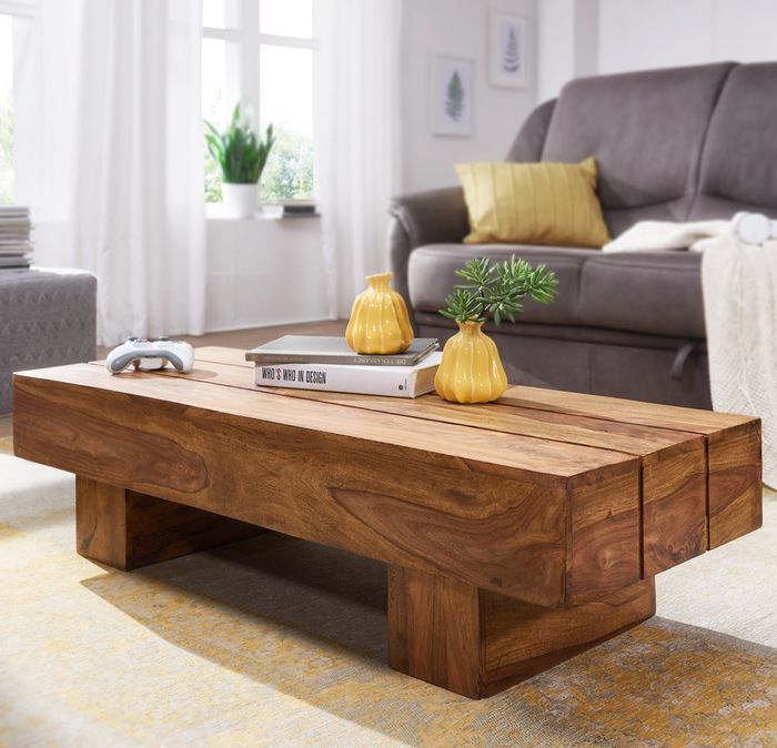 FineBuy Couchtisch rechteckig Massivholz 120 cm Block Design Wohnzimmertisch
