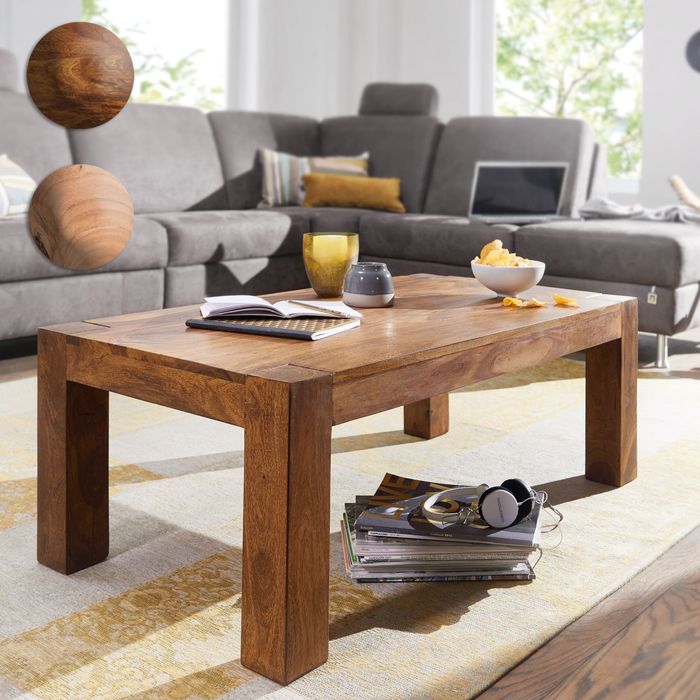FineBuy Couchtisch PATAN 110 x 60 x 40 cm Holz Massiv, Massiver Wohnzimmertisch Rechteckig Braun, Beistelltisch Massivholz, Design Holztisch Wohnzimmer 6161