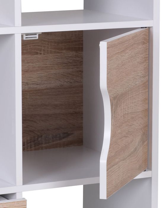 FineBuy Bücherregal Standregal Weiß freistehend Regal Sonoma Tür Schub Weiß Holz – Maßzeichnung
