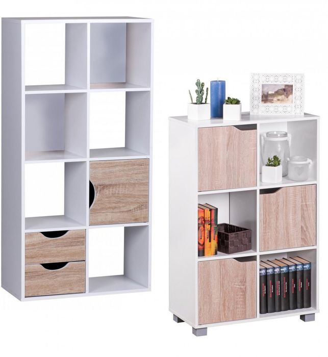 FineBuy Design Bücherregal MASSA Modern Holz Weiß mit Türen Sonoma Eiche Ablagefächer Standregal freistehend Größe wählbar 6183