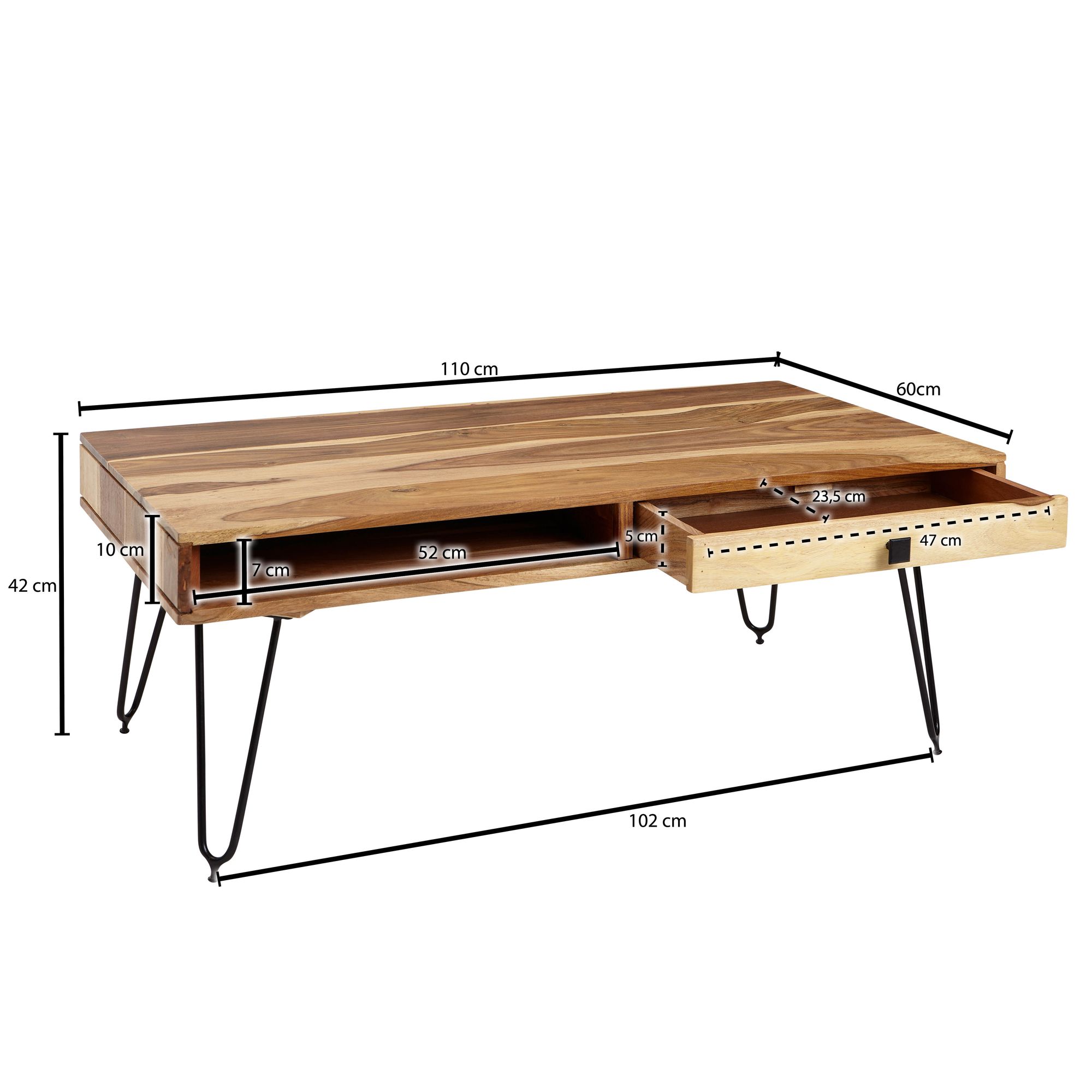 FineBuy Couchtisch Massivholz 110cm Wohnzimmertisch eckig Schublade & Ablage – Ansicht 2