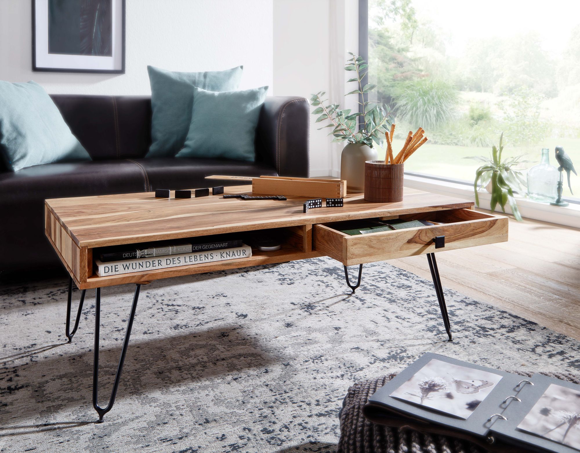 FineBuy Couchtisch Massivholz 110cm Wohnzimmertisch eckig Schublade & Ablage – Ansicht 5