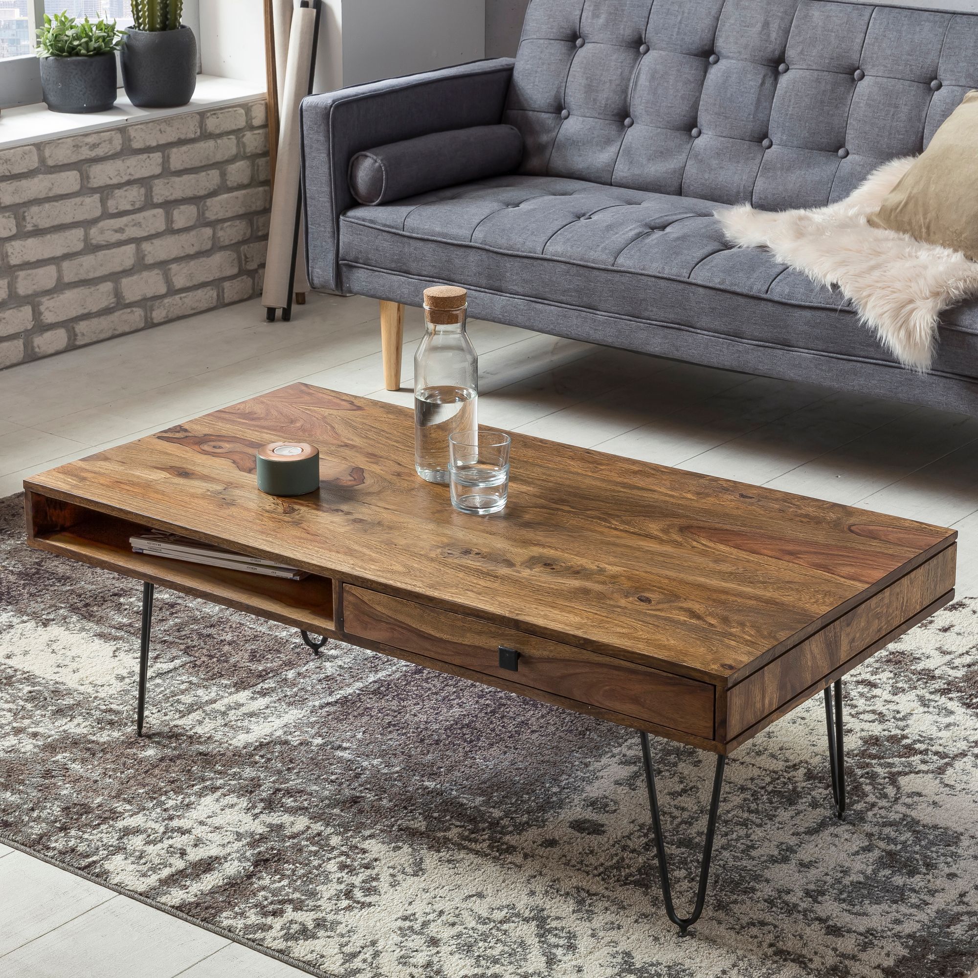 FineBuy Couchtisch Massivholz 110cm Wohnzimmertisch eckig Schublade & Ablage – Ansicht 1