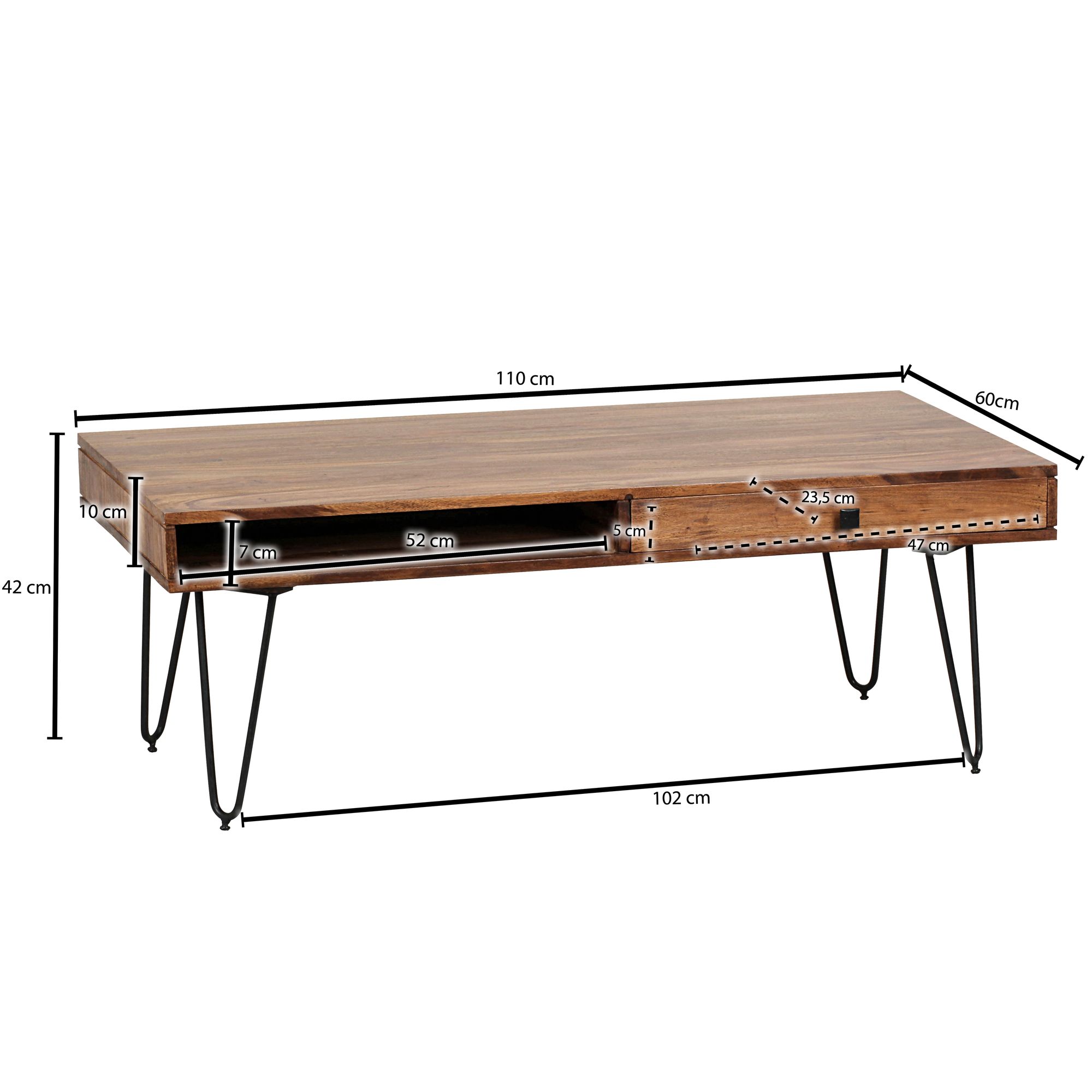 FineBuy Couchtisch Massivholz 110cm Wohnzimmertisch eckig Schublade & Ablage – Ansicht 2