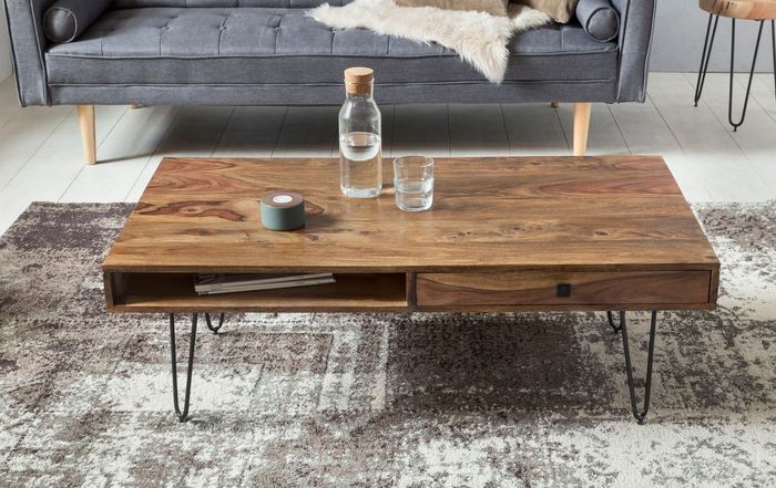 FineBuy Couchtisch Massivholz 110cm Wohnzimmertisch eckig Schublade & Ablage – Maßzeichnung