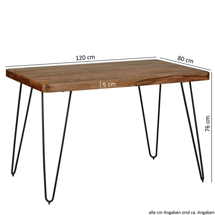 FineBuy Massiver Esstisch HARLEM Sheesham Massiv Holz, Esszimmertisch Massivholz mit Design Metall Beinen, Holztisch Tisch Esszimmer, Küchentisch 6210