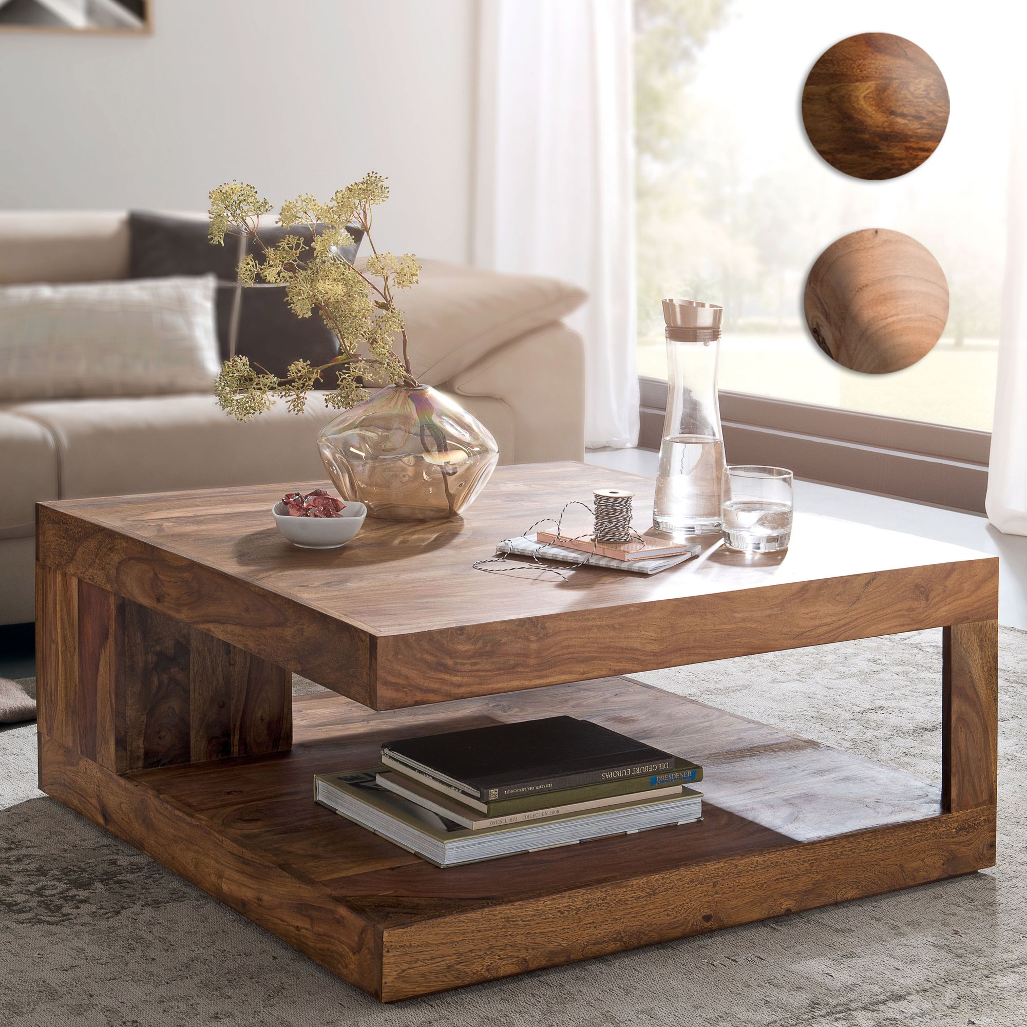 Massiver Couchtisch PATAN 90 x 90 cm Wohnzimmertisch Holz Tisch Massiv Ablage – Ansicht 1
