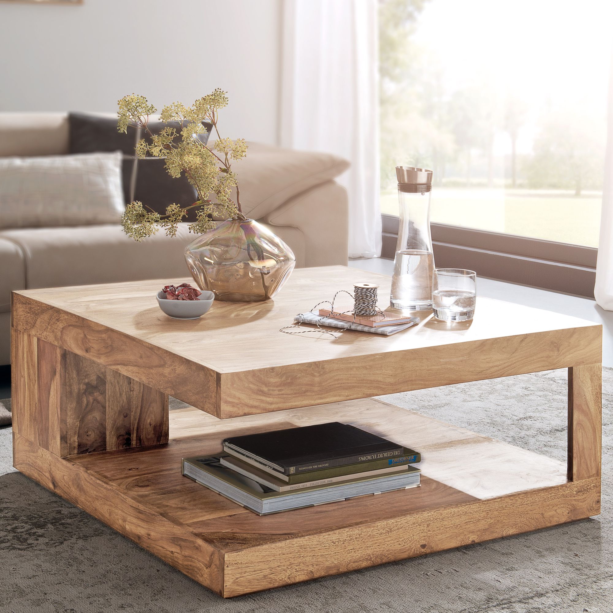 Massiver Couchtisch PATAN 90 x 90 cm Wohnzimmertisch Holz Tisch Massiv Ablage – Ansicht 3