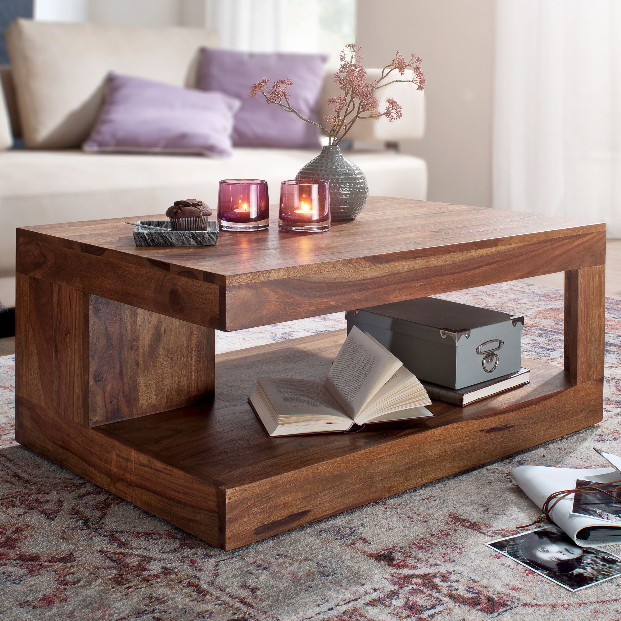 FineBuy Couchtisch Massivholz 90 cm Wohnzimmertisch braun Landhaus Beistelltisch – Ansicht 1