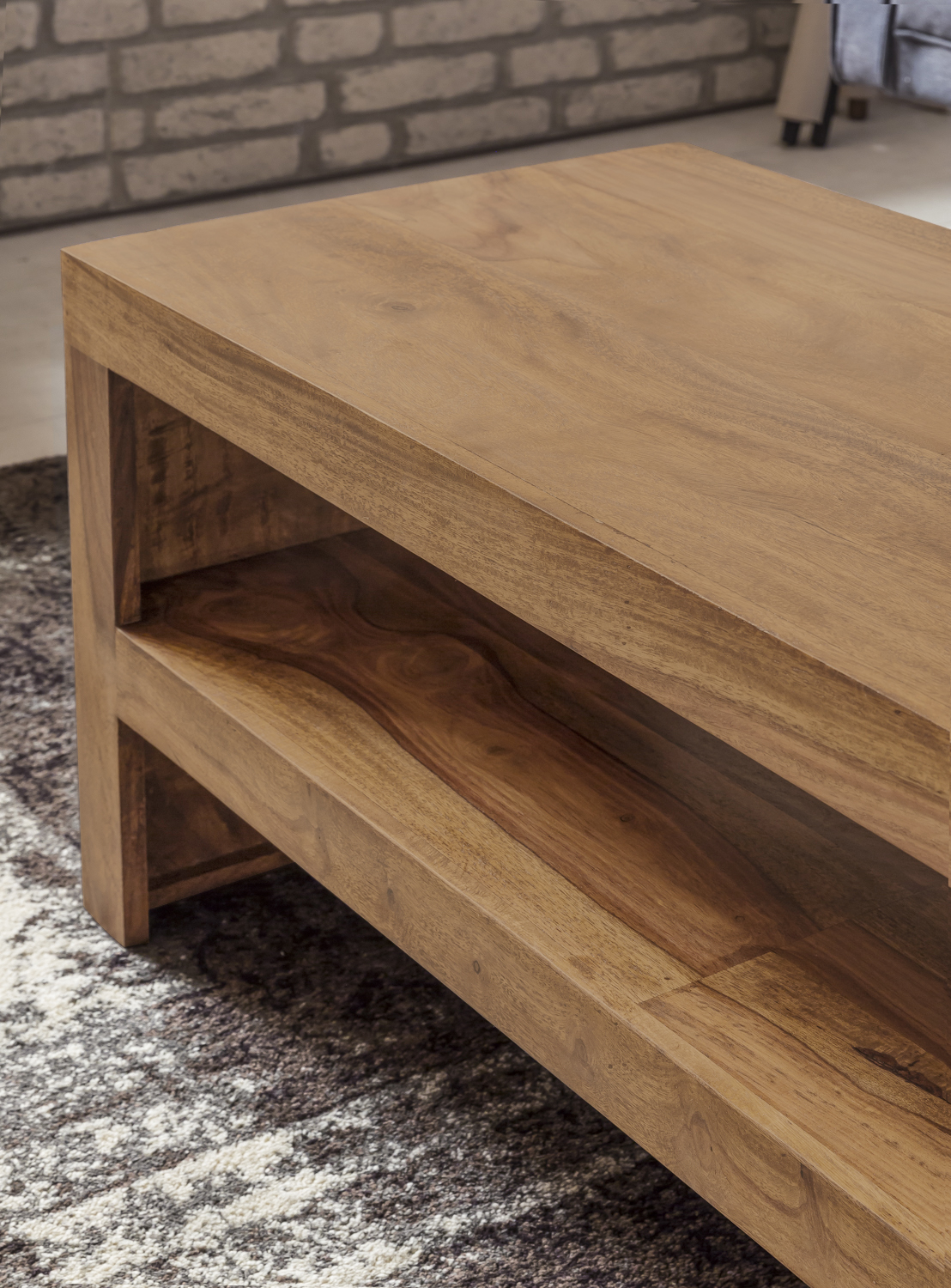 Couchtisch Sheesham Massivholz 110cm Rechteckiger Wohnzimmertisch mit Ablage – Ansicht 4