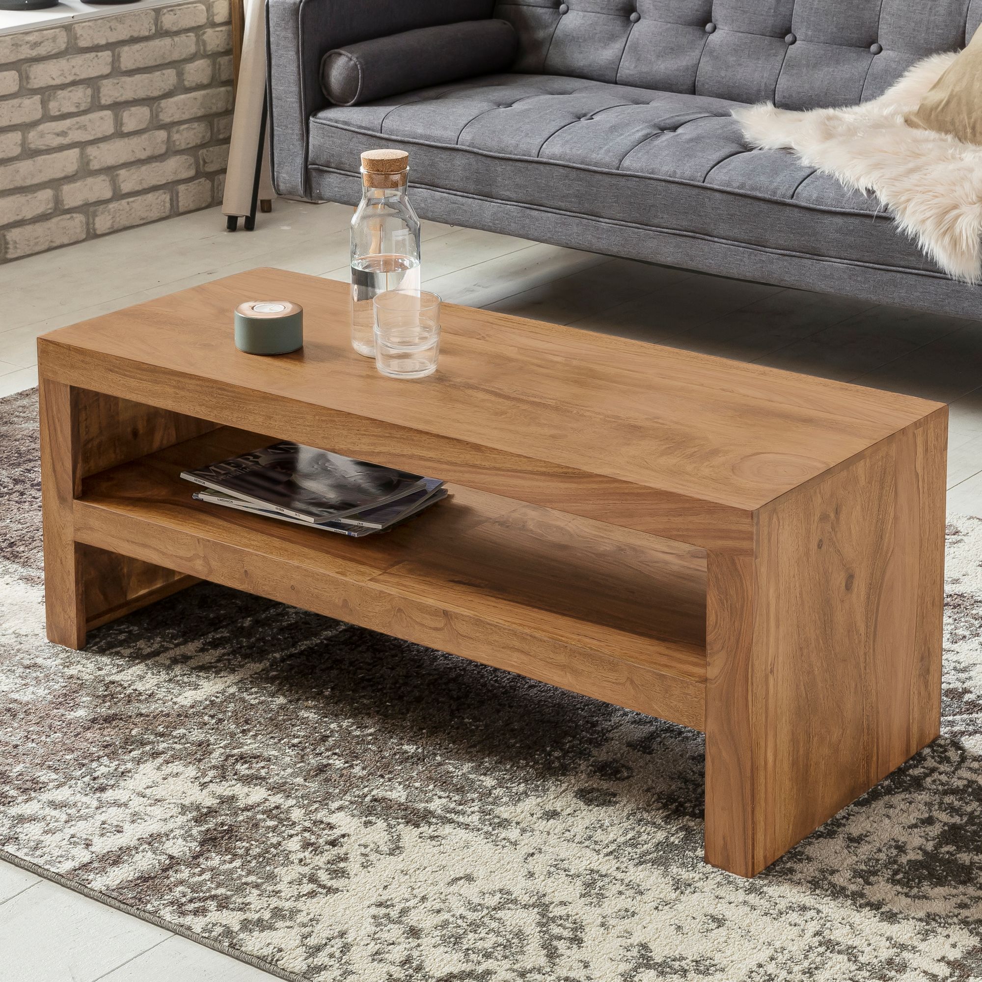 Couchtisch Sheesham Massivholz 110cm Rechteckiger Wohnzimmertisch mit Ablage – Ansicht 1