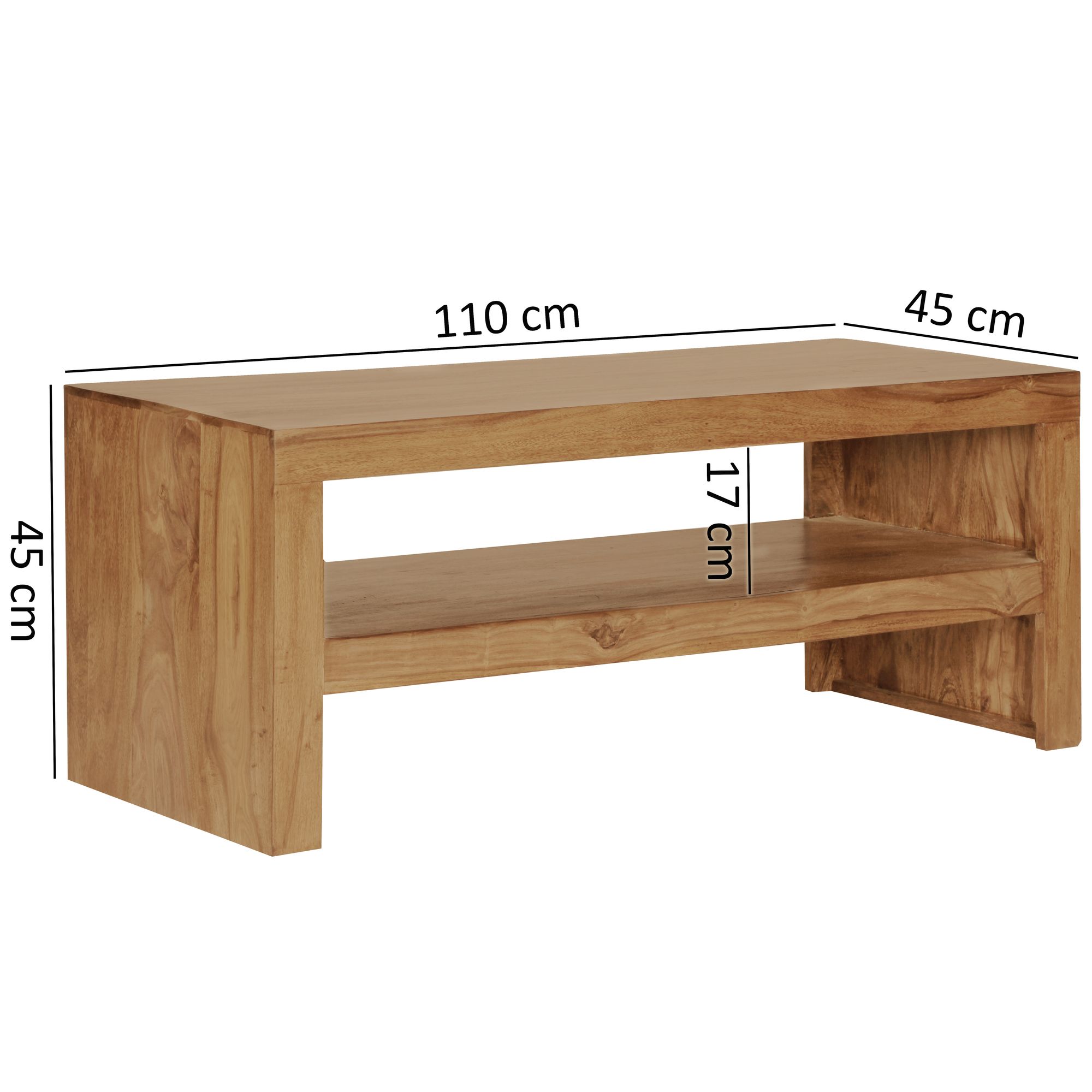 Couchtisch Sheesham Massivholz 110cm Rechteckiger Wohnzimmertisch mit Ablage – Ansicht 2