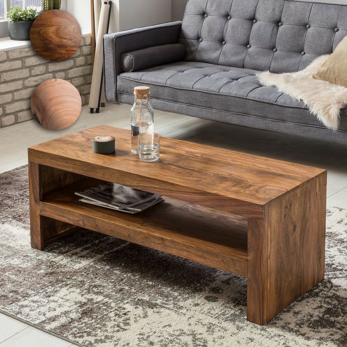 Couchtisch Sheesham Massivholz 110cm Rechteckiger Wohnzimmertisch mit Ablage
