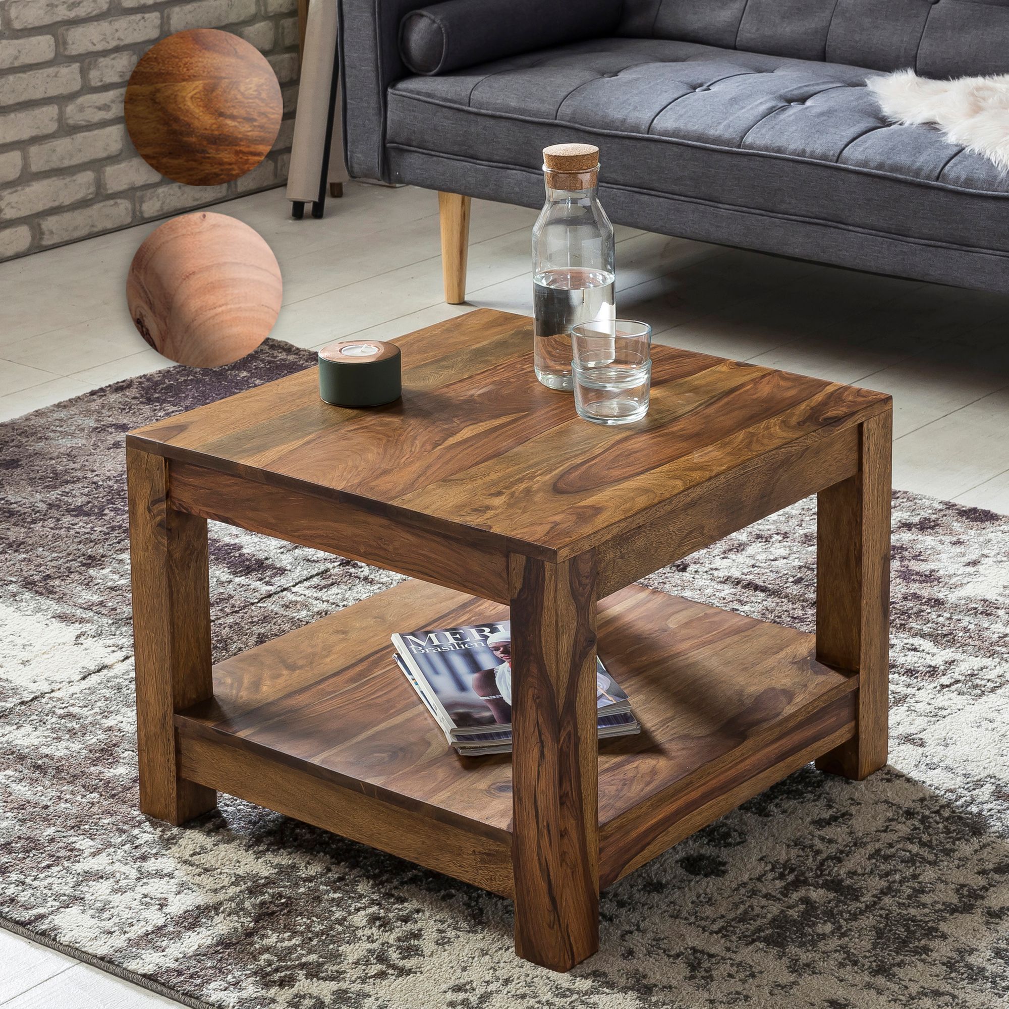 FineBuy Couchtisch Massivholz 60x60 cm · Quadratischer Wohnzimmertisch mit Ablage · Handgefertigter Echtholztisch im natürlichen Design | Farbe: Braun FineBuy Couchtisch Massivholz 60x60 cm · Quadratischer Wohnzimmertisch mit Ablage · Handgefertigter Echtholztisch im natürlichen Design | Farbe: Braun