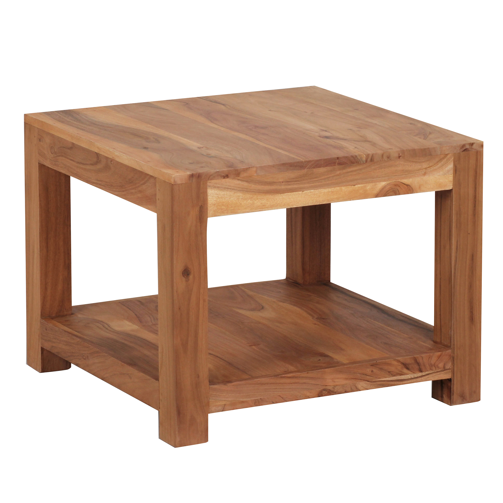 FineBuy Couchtisch Massivholz 60x60 cm · Quadratischer Wohnzimmertisch mit Ablage · Handgefertigter Echtholztisch im natürlichen Design