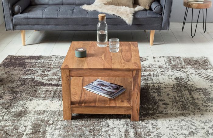 FineBuy Couchtisch Massivholz 60x60 cm mit Ablage Quadratischer Wohnzimmertisch – Maßzeichnung
