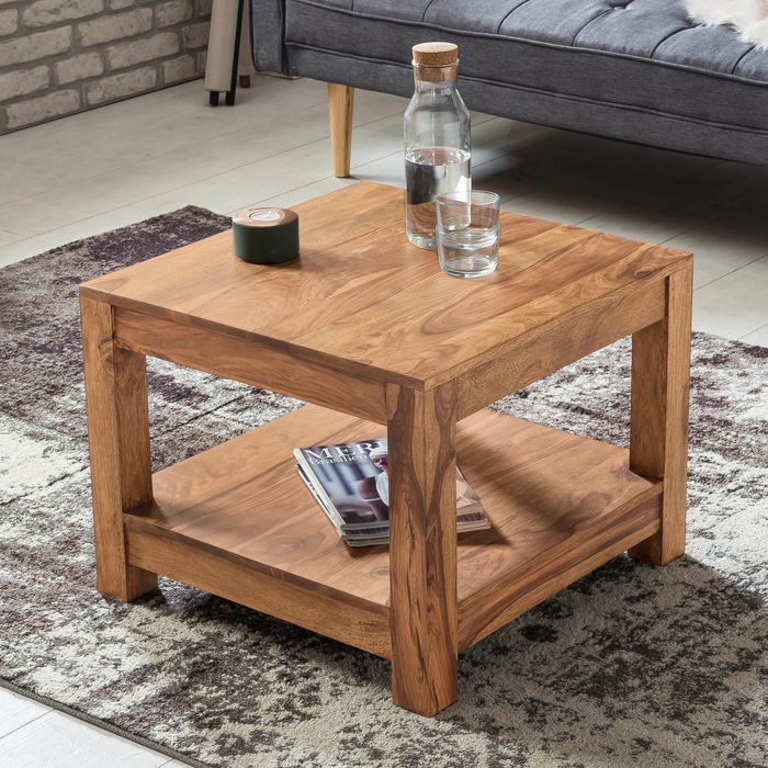 FineBuy Couchtisch Massivholz 60x60 cm mit Ablage Quadratischer Wohnzimmertisch