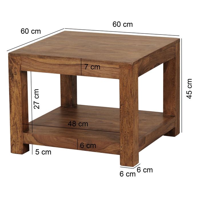 FineBuy Couchtisch Massivholz 60x60 cm mit Ablage Quadratischer Wohnzimmertisch – Maßzeichnung