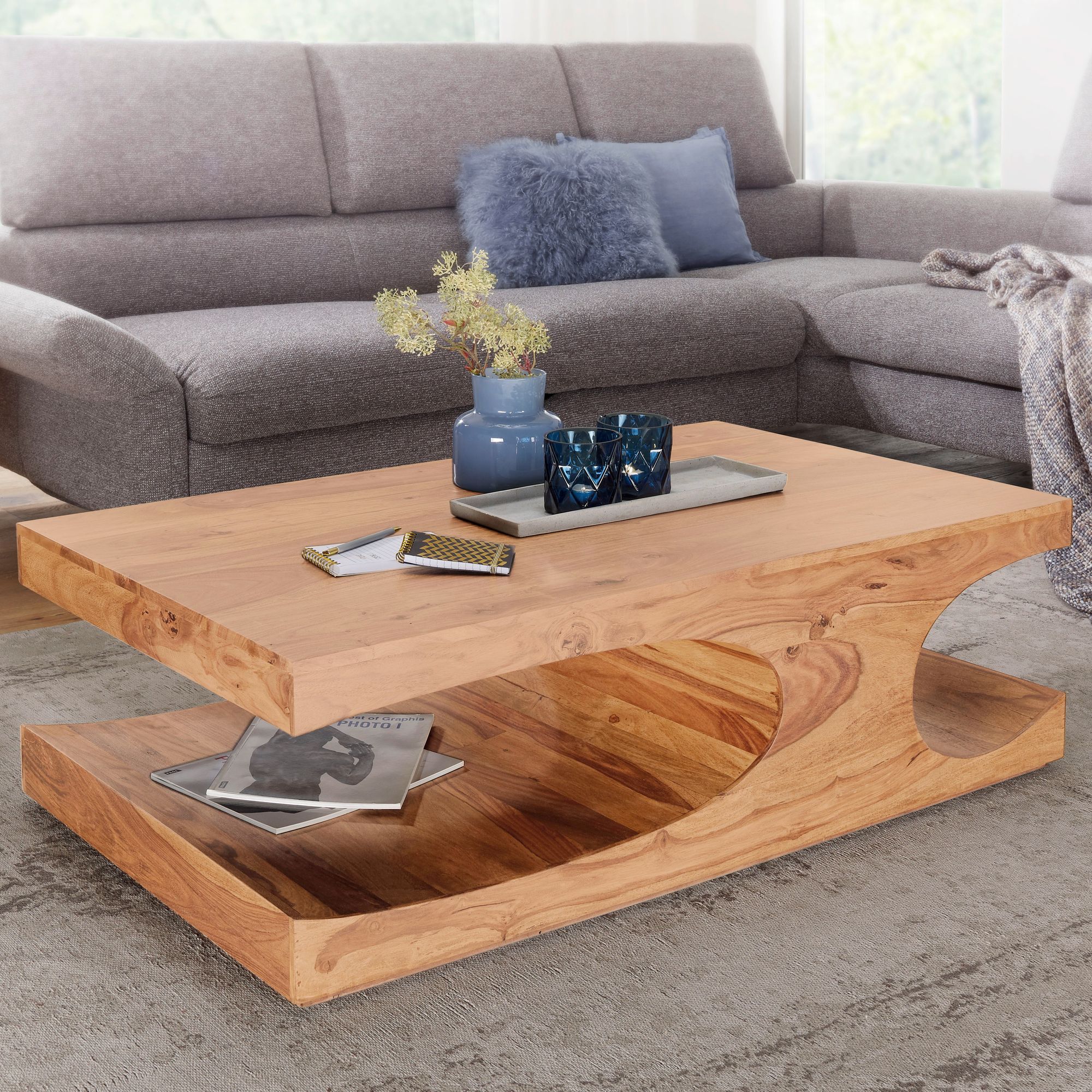 FineBuy Couchtisch Massivholz 120 cm mit Ablage · Rechteckig Wohnzimmertisch