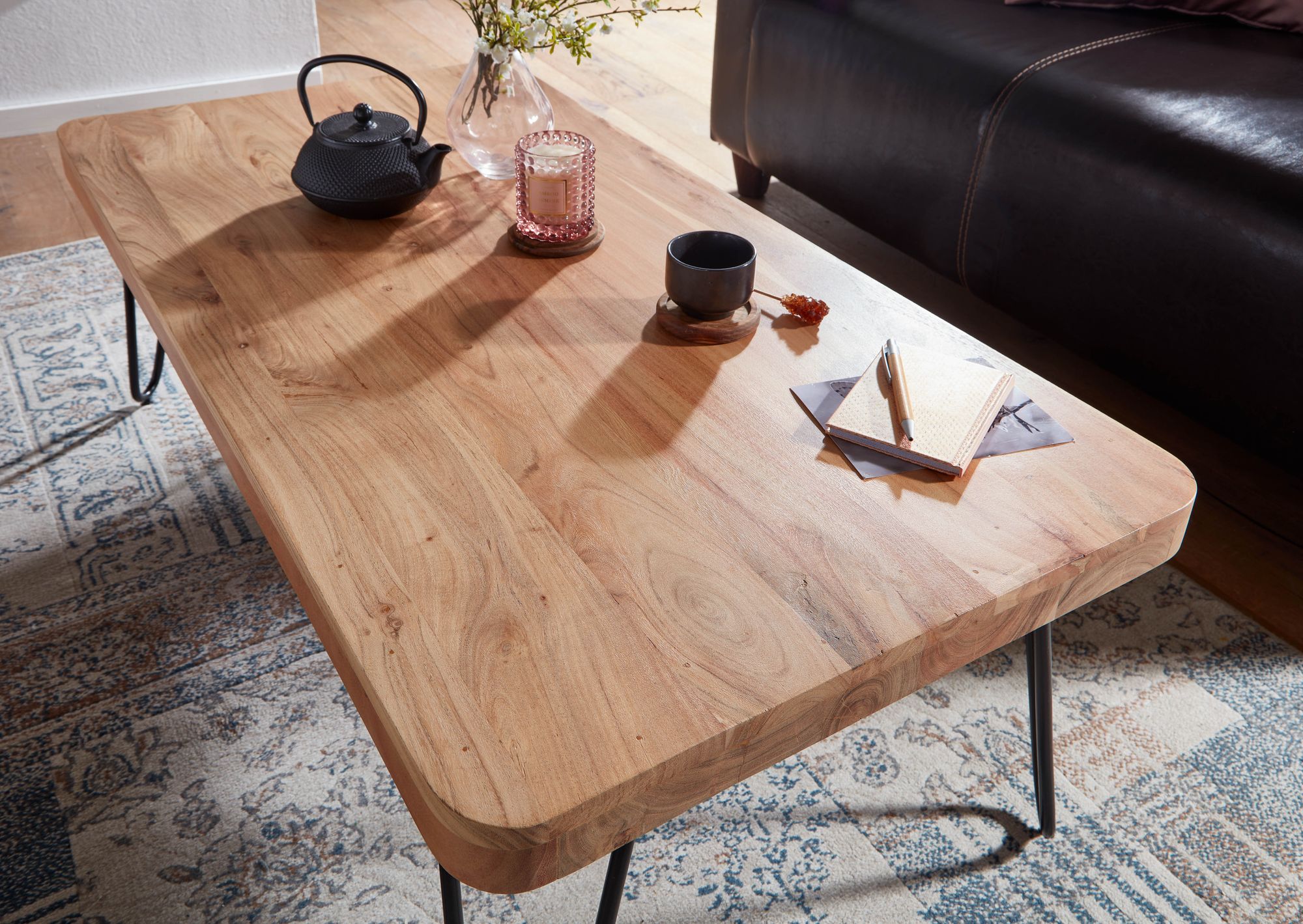 FineBuy Couchtisch Massivholz 115 cm Hairpin Beinen Wohnzimmertisch Industrial – Ansicht 4