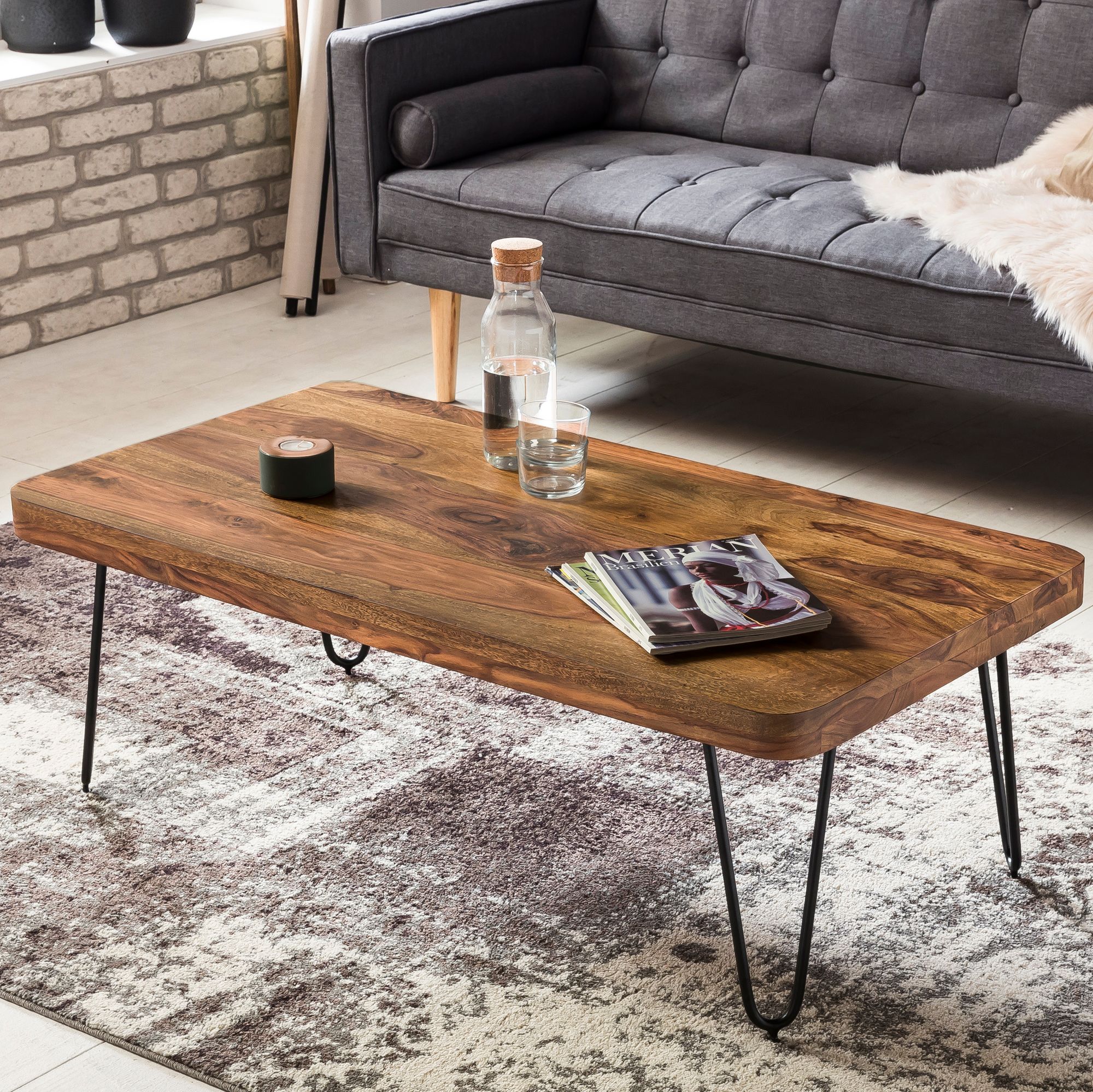 FineBuy Couchtisch Massivholz 115 cm Hairpin Beinen Wohnzimmertisch Industrial – Ansicht 1