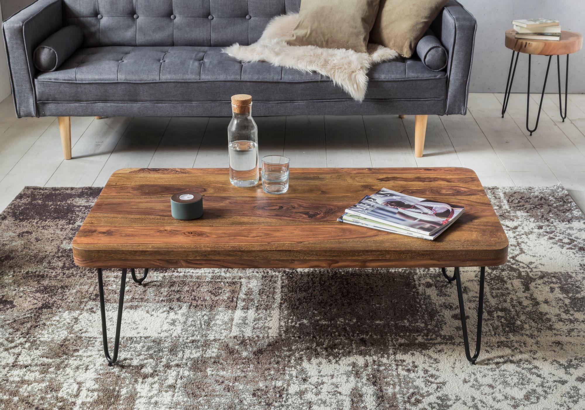 FineBuy Couchtisch Massivholz 115 cm Hairpin Beinen Wohnzimmertisch Industrial – Ansicht 2