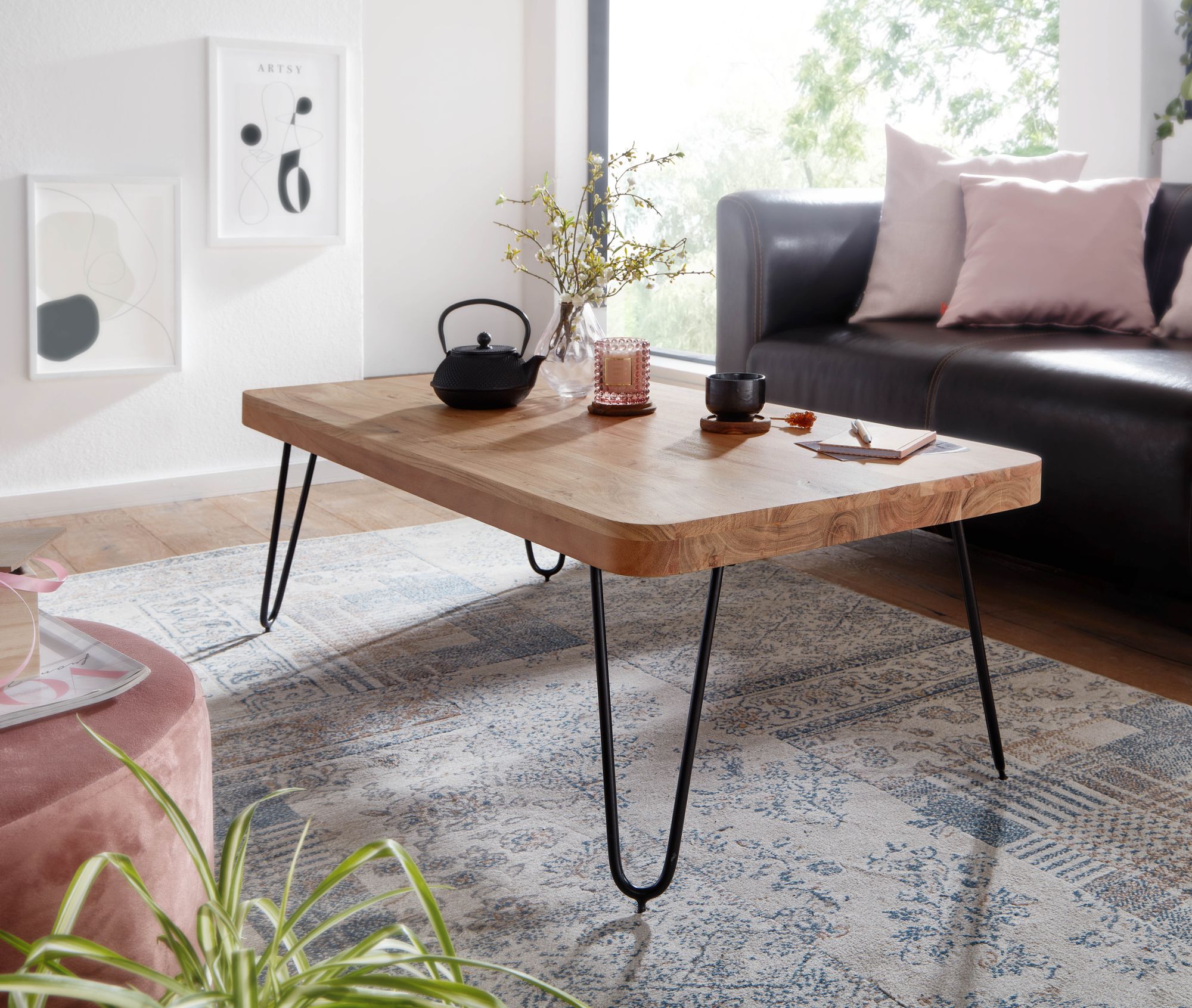 FineBuy Couchtisch Massivholz 115 cm Hairpin Beinen Wohnzimmertisch Industrial