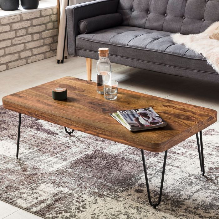 FineBuy Couchtisch Massivholz 115 cm Hairpin Beinen Wohnzimmertisch Industrial