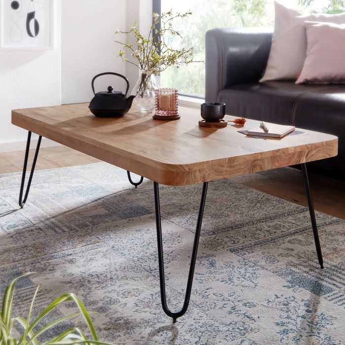 FineBuy Couchtisch Massivholz 115 cm Hairpin Beinen Wohnzimmertisch Industrial