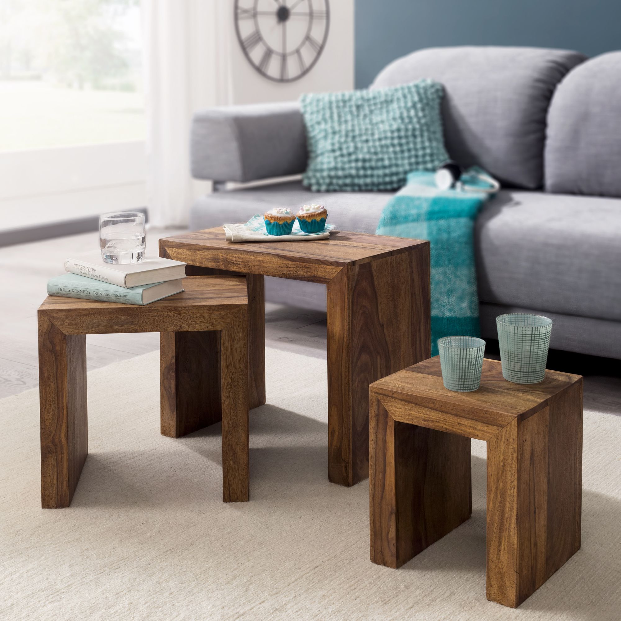 FineBuy 3er Set Satztisch Massivholz Wohnzimmertisch Landhausstil Beistelltisch – Ansicht 1