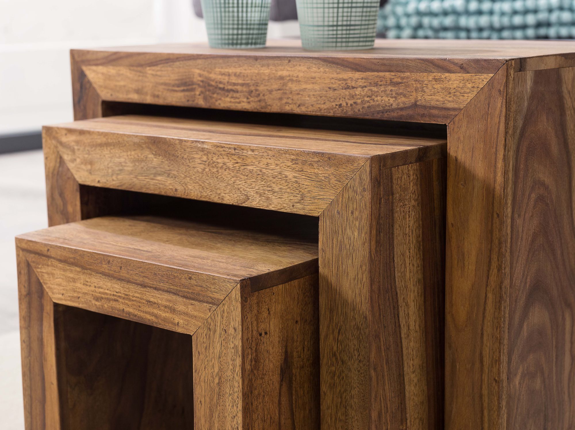 FineBuy 3er Set Satztisch Massivholz Wohnzimmertisch Landhausstil Beistelltisch – Ansicht 3