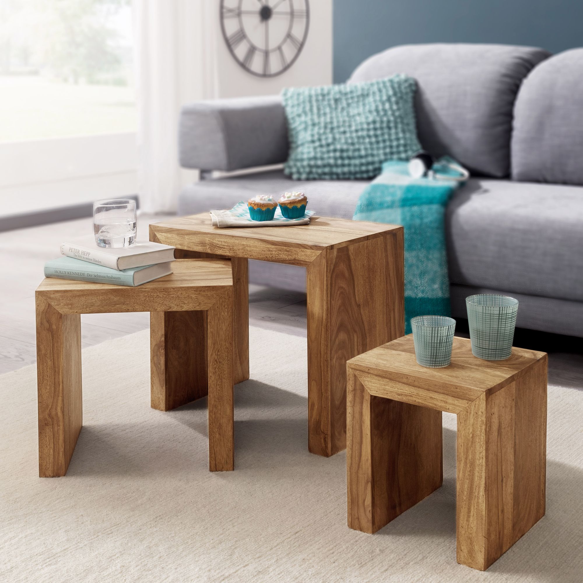 FineBuy 3er Set Satztisch Massiv-Holz Wohnzimmer-Tisch Landhaus-Stil Beistelltisch dunkel-braun Naturholz Couchtisch Natur-Produkt Wohnzimmermöbel Unikat Massivholzmöbel Echtholz Anstelltisch