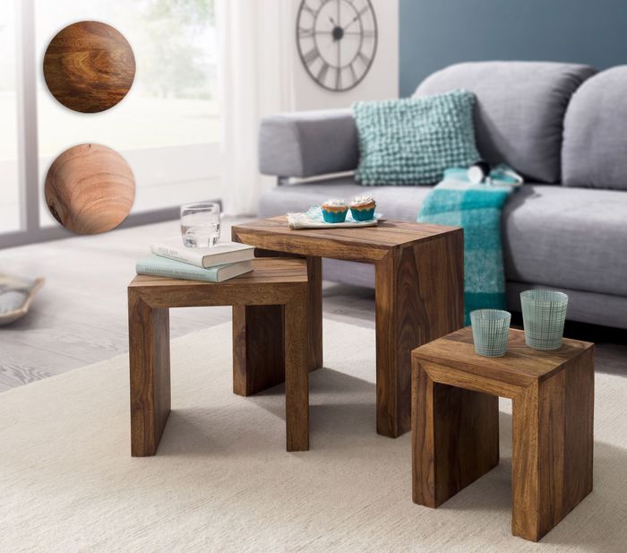 FineBuy 3er Set Satztisch Massiv-Holz Wohnzimmer-Tisch Landhaus-Stil Beistelltisch dunkel-braun Naturholz Couchtisch Natur-Produkt Wohnzimmermöbel Unikat Massivholzmöbel Echtholz Anstelltisch 6238