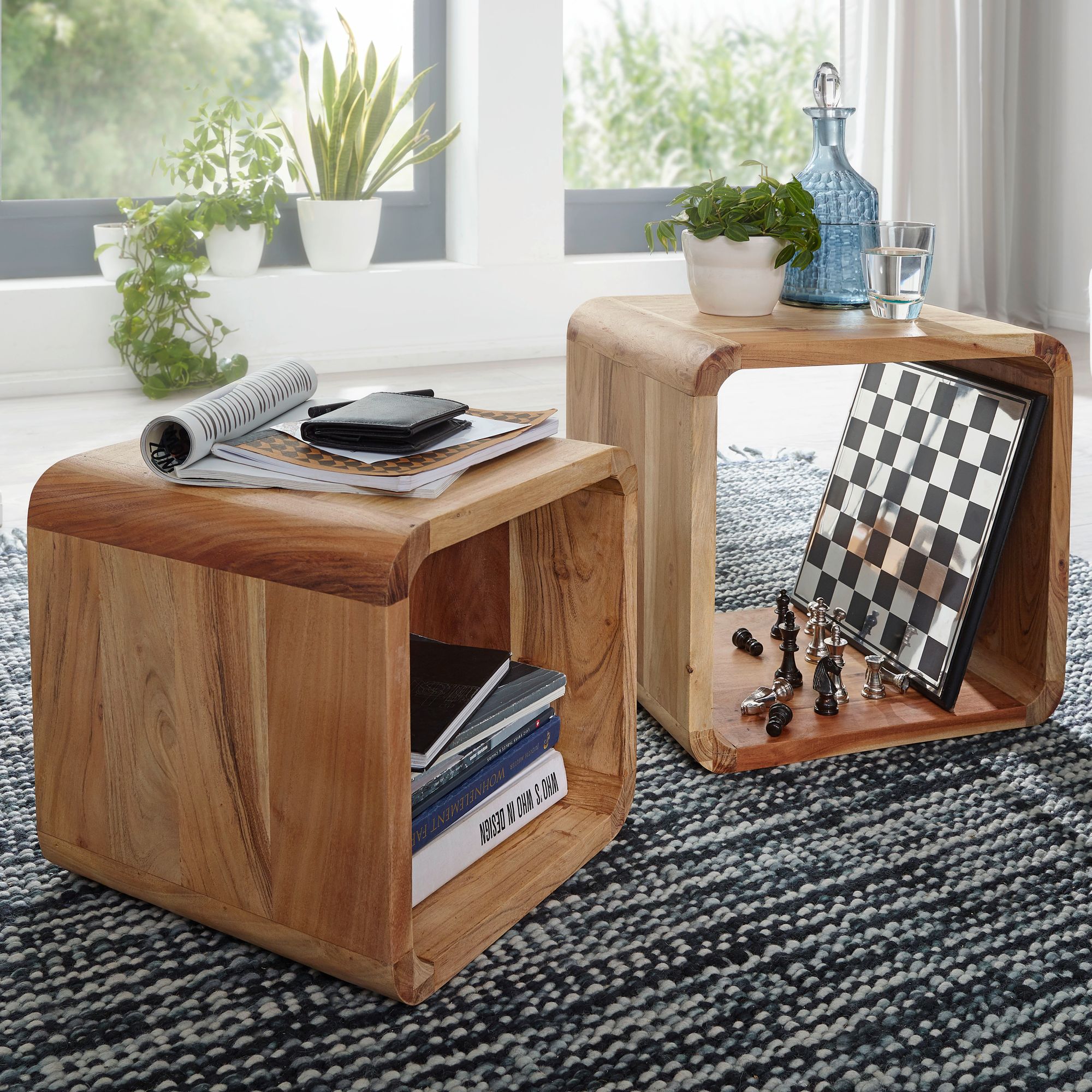 FineBuy 2er Set Satztisch Massivholz Wohnzimmertisch Landhaus Cube Beistelltisch – Ansicht 1