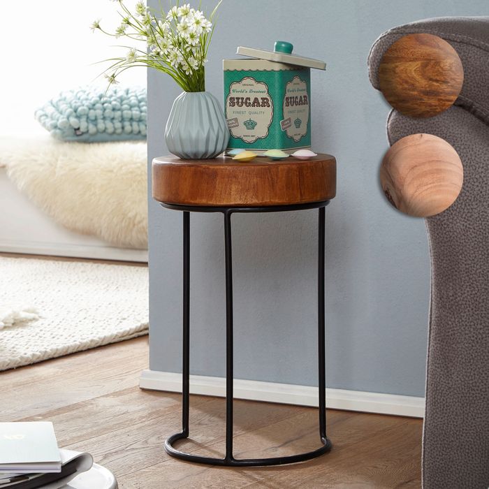 FineBuy Beistelltisch Massiv-Holz Wohnzimmer-Tisch Metallbeine Landhaus-Stil Baumstamm-Form Echt-Holz Farbe wählbar 6246