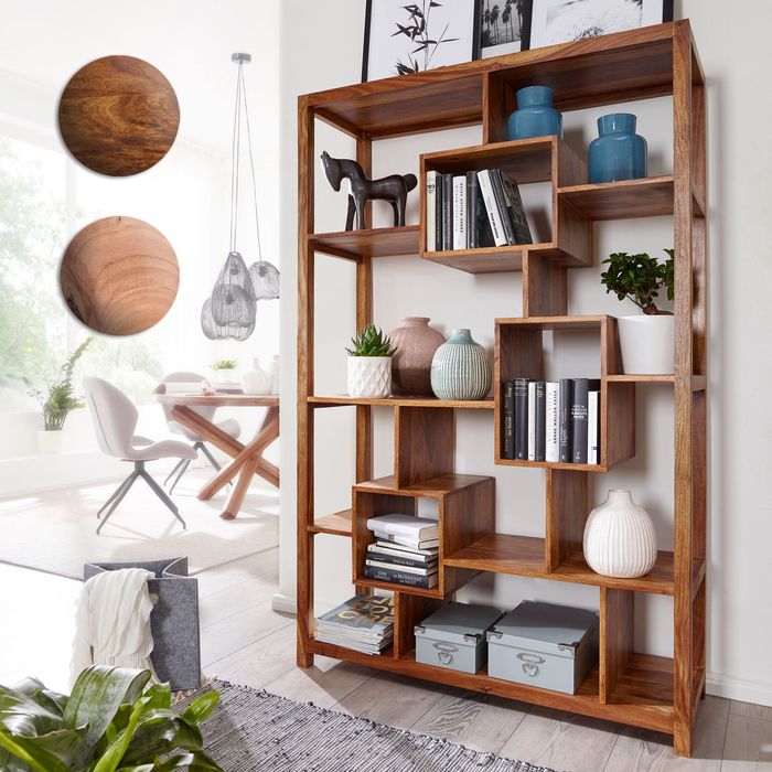 FineBuy Bücherregal Massiv-Holz 115 x 180 cm Wohnzimmer-Regal Ablagefächer Design Landhaus Standregal Farbe wählbar 6249
